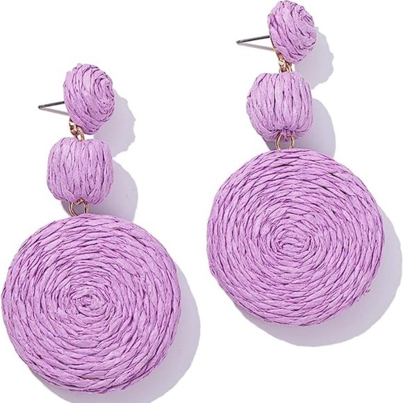 Lavender Wicker Earrings Rattan Bold Dangle 80s 90s Beach Summer Raffia New - Picture 5 of 9
